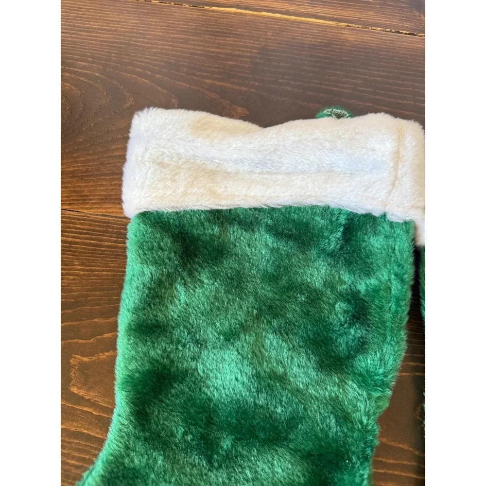 VTG Santa's Best Green Plush Faux Fur Christmas Stockings Set of 2 White Cuff